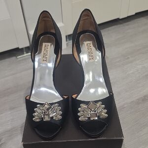 Badgley Mischka Black Satin D'Orsay Peep-Toe Heels with Crystal Brooch